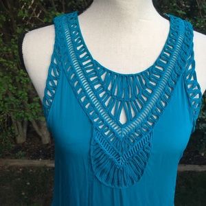 Anthropologie Teal Crochet Sleeveless Summer Maxi Dress, XS